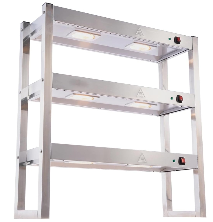 Commercial Food Heating Lamp, Buffet Food Warmer Light Stainless Steel Heated Gantry Triple Tier for Fried Chicken French Fry Warming Station with Independent Switch, 6x300W Bulbs