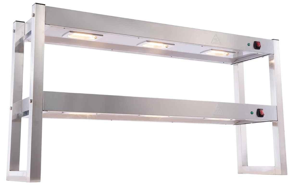 Commercial Food Warmer Light and Shelf, Bulbs Buffet Food Heating Lamp Stainless Steel Double Layers Shelf for Fried Chicken French Fry Warming Station with Independent Switch, 6x300W Bulbs
