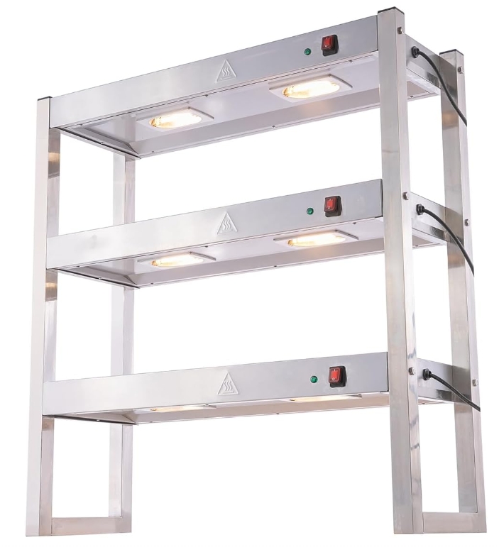 Commercial Food Heating Lamp, Buffet Food Warmer Light Stainless Steel Heated Gantry Triple Tier for Fried Chicken French Fry Warming Station with Independent Switch, 6x300W Bulbs