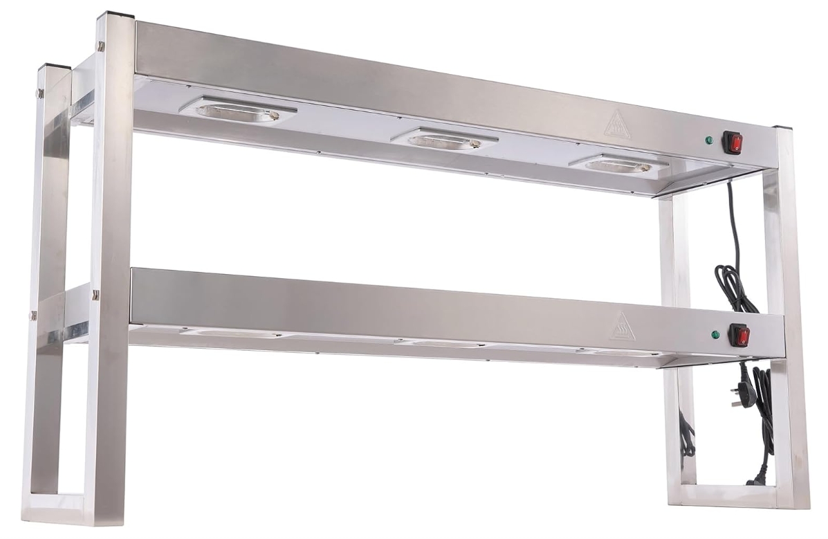 Commercial Food Warmer Light and Shelf, Bulbs Buffet Food Heating Lamp Stainless Steel Double Layers Shelf for Fried Chicken French Fry Warming Station with Independent Switch, 6x300W Bulbs